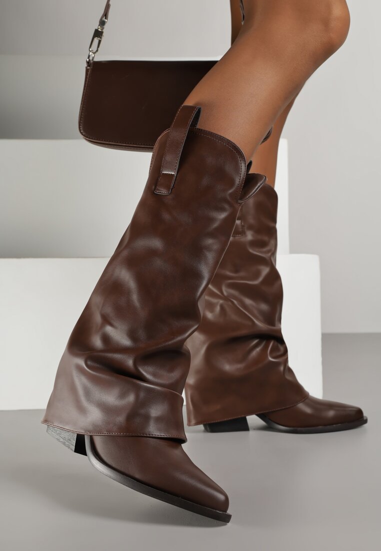 Cizme tip cowboy Maro închis, cu toc conic, cu carâmb răsfrânt și încrețit Escana