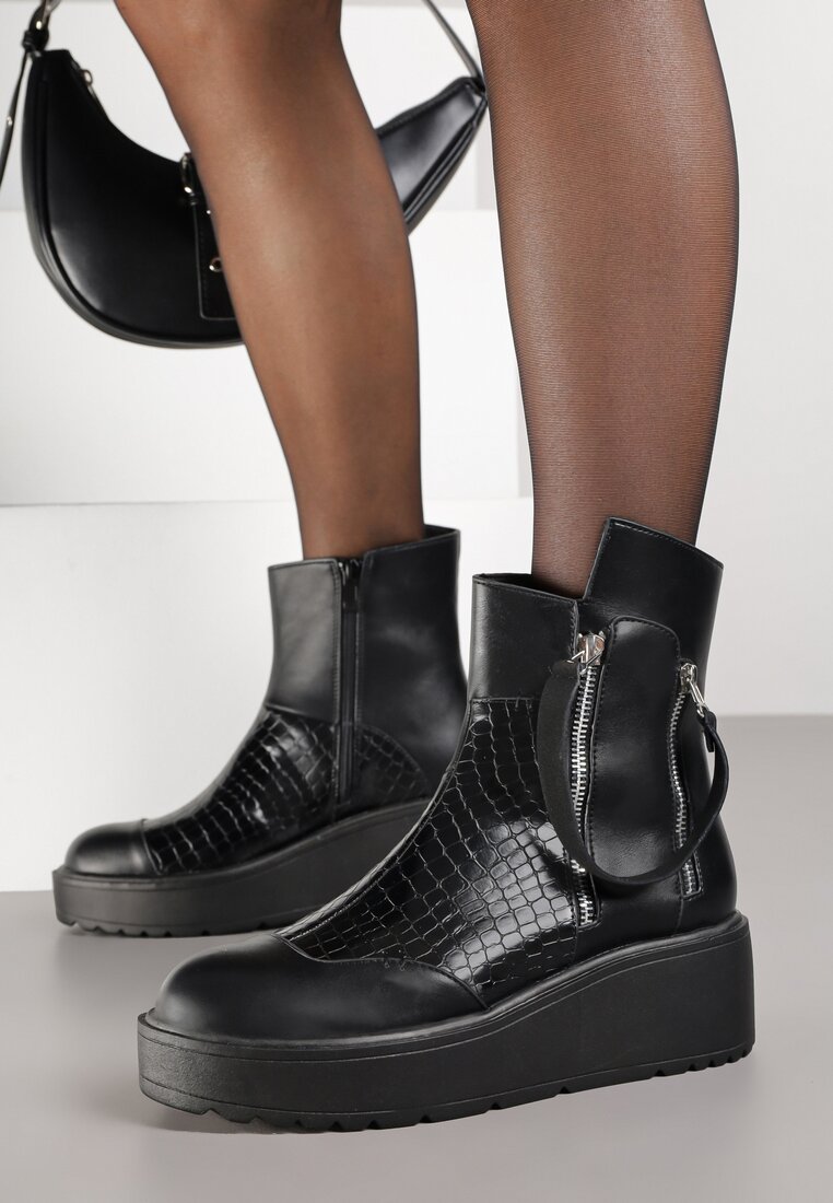 Botine Negre Vices pe coturn și platformă Ornate cu fermoar Gattie