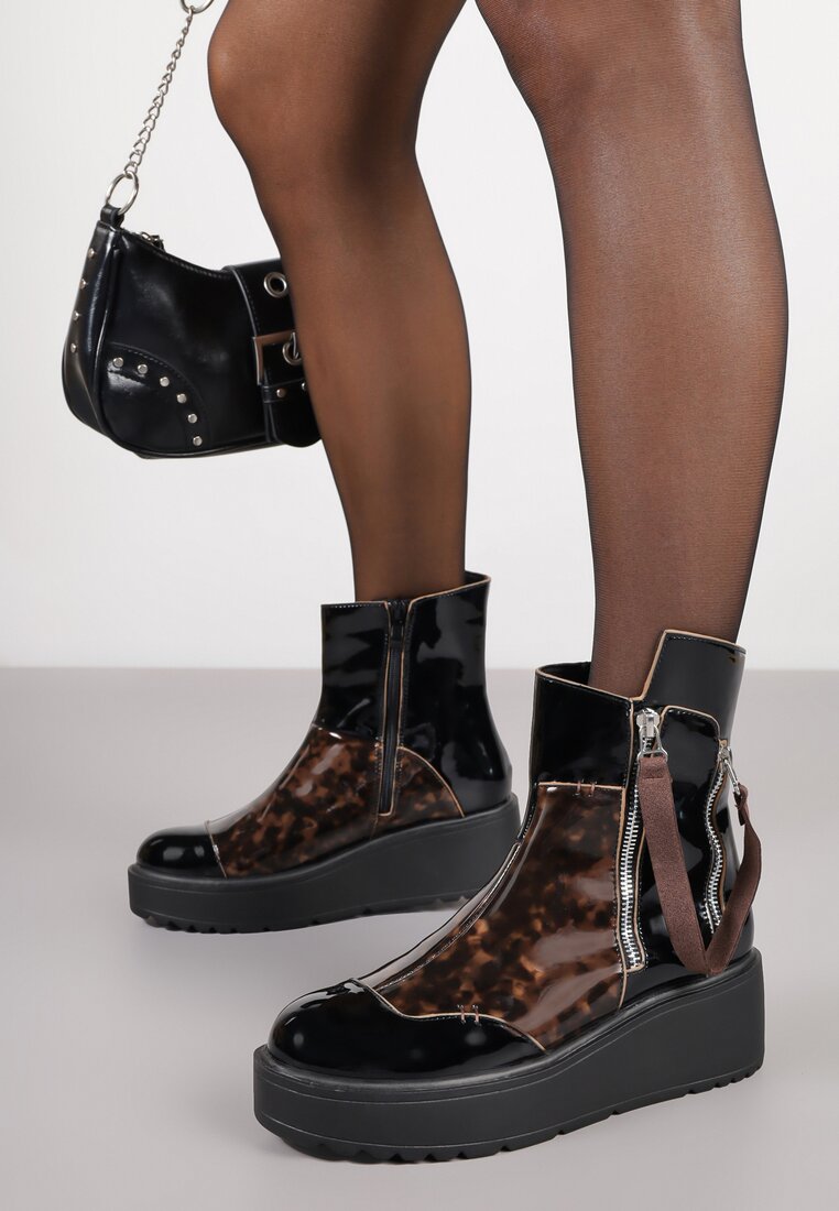 Ghete Negru-Maro Lăcuite Vices cu Toc Pană și Platformă Decorate cu Fermoar Gattie