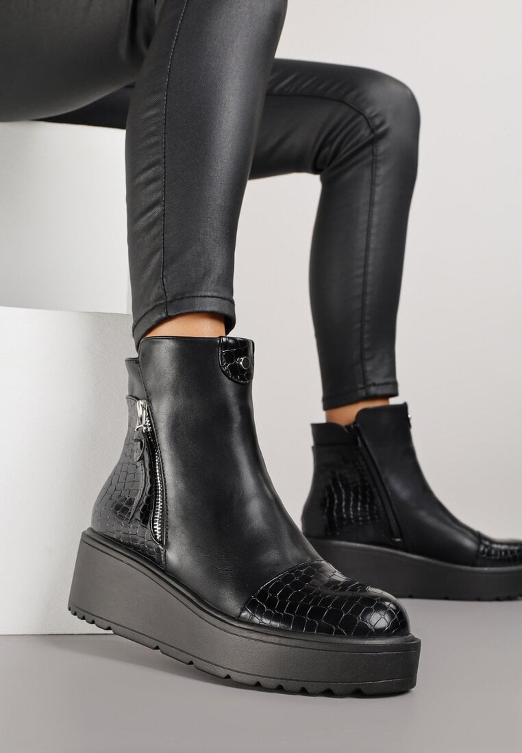 Botine Negre Vices din Imitație de Piele pe Platformă Decorate cu embosare Faleressa