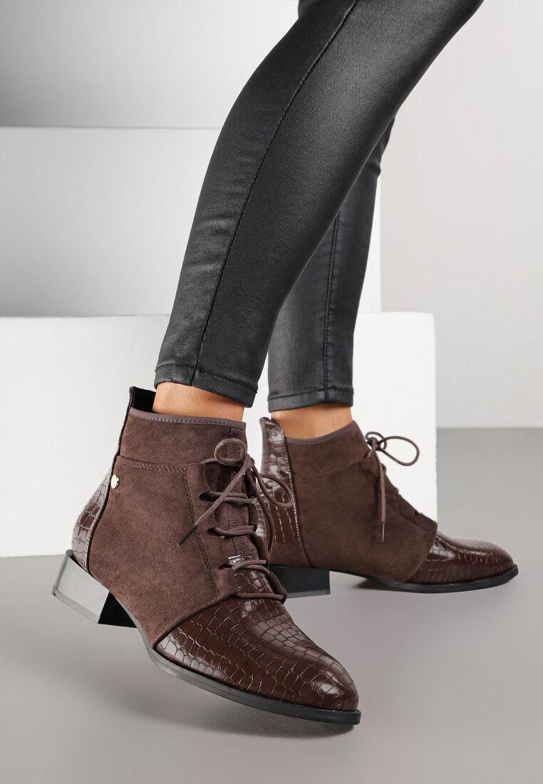 Botine de gleznă Maro Cu șireturi Vices Cu imprimeu piele de șarpe Wedvire