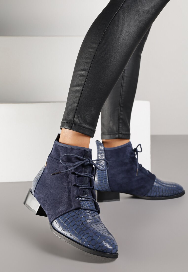 Botine cu șiret bleu marin Vices decorate cu textură de piele de șarpe Wedvire