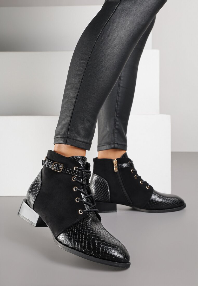 Botine Negre Vices cu inserții care imită piele de șarpe și cataramă Gelrina
