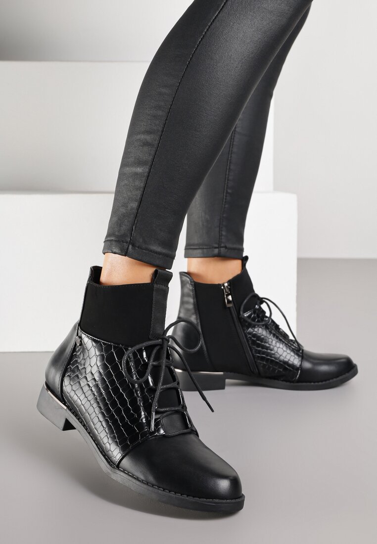 Botine Negre Vices în stil ghete cu model piele de crocodil Alirriva