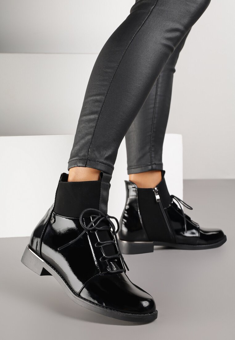Botine Negre Vices Lăcuite cu carâmb șiretuit și Panouri Elastice Flilera