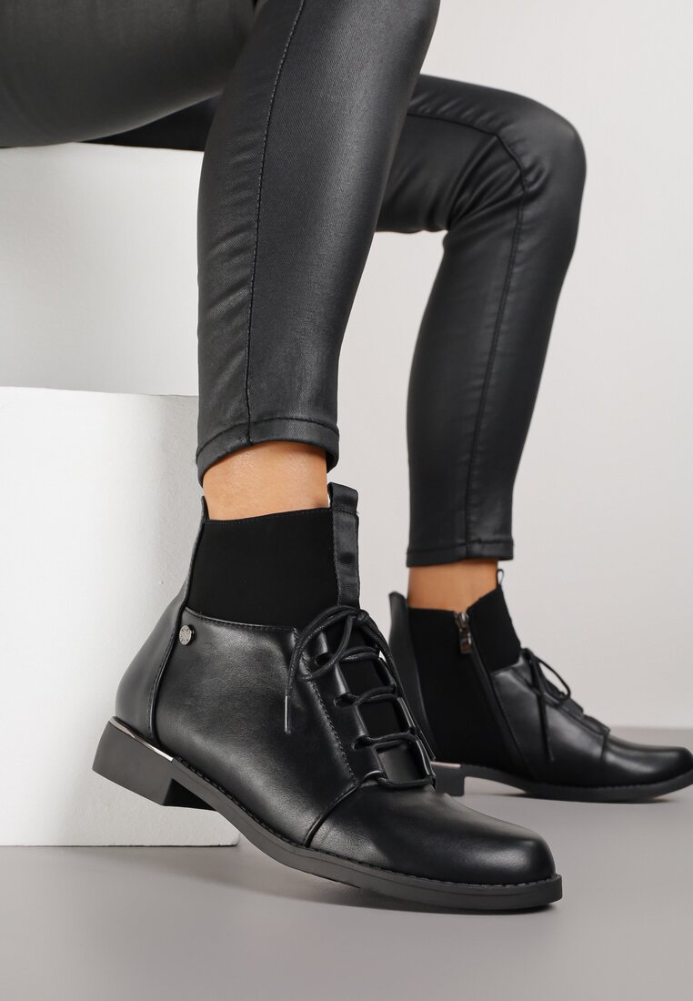 Botine Negre Vices cu tijă cu șireturi și panouri elastice Flilera