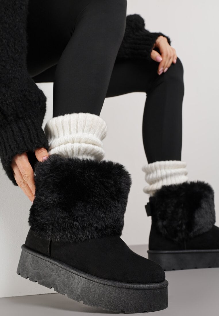 Cizme de zăpadă Negre cu Carâmb peste gleznă Căptușite cu Blană și Fundă Mică Reinedia