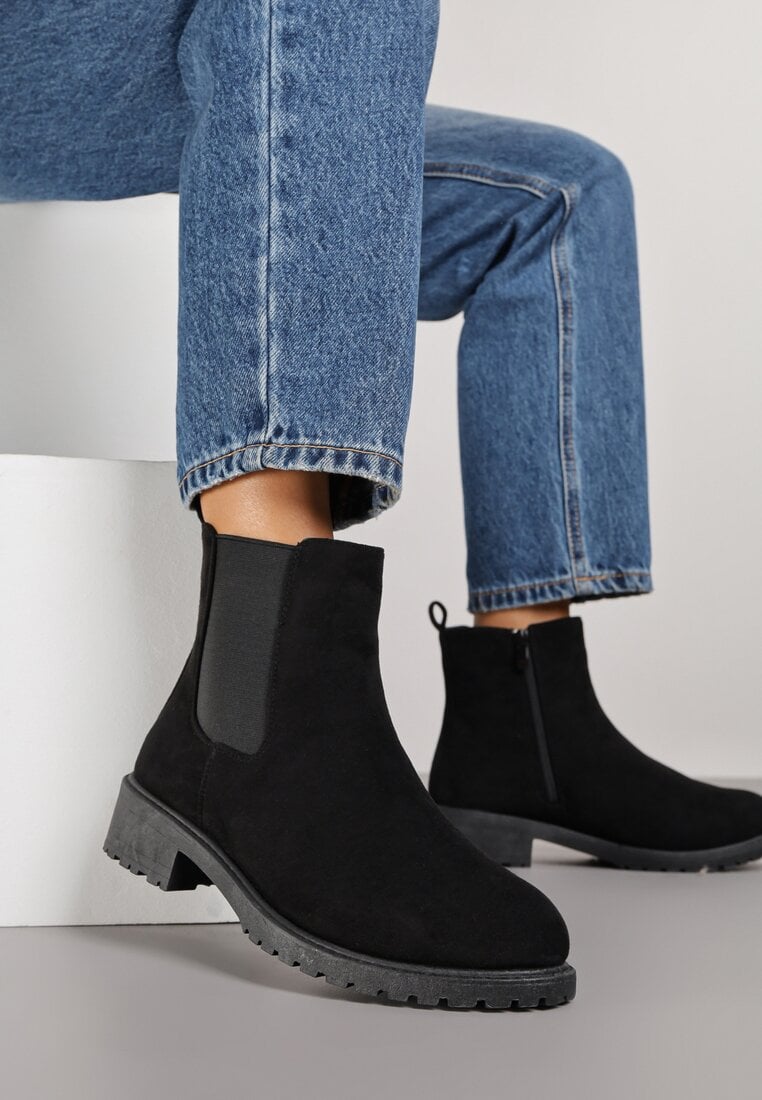 Ghete Chelsea Negre din imitație de piele întoarsă decorate cu element elastic Clasina