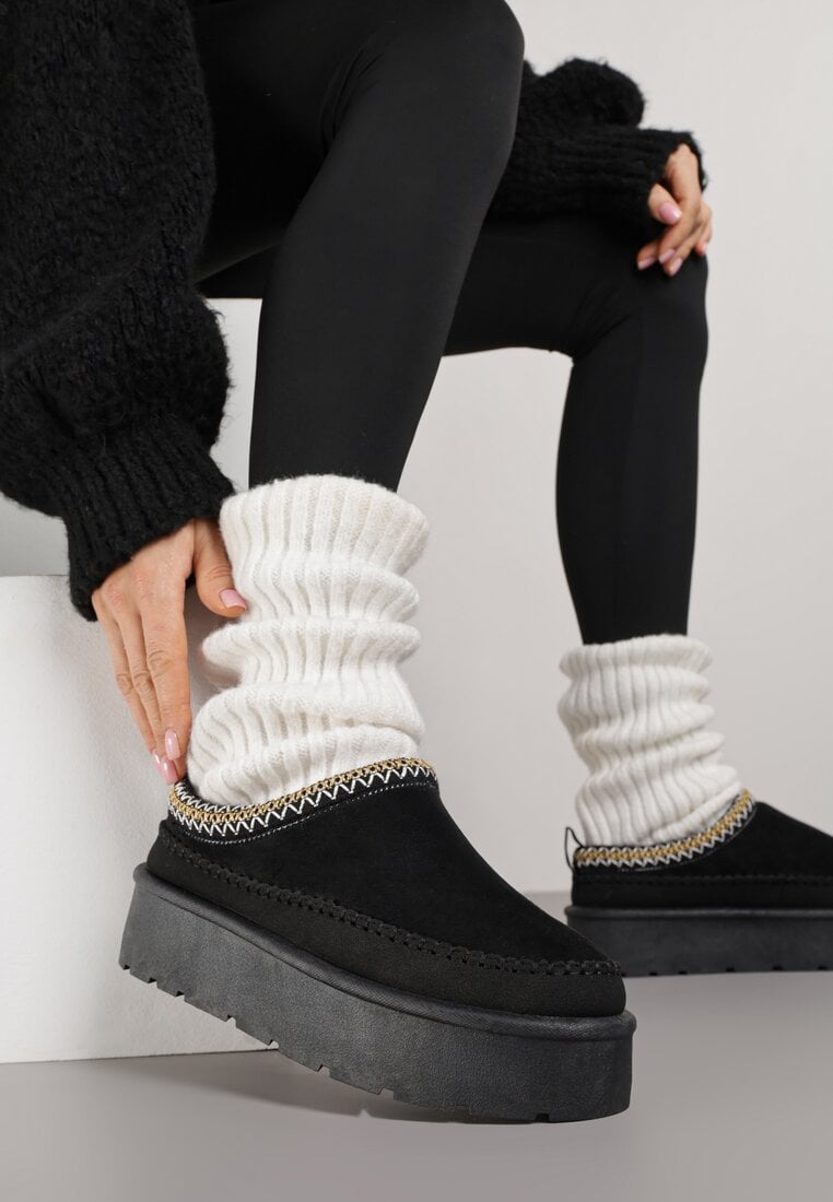 Cizme de zăpadă Negre cu căptușeală de blană pe platformă Reiandea
