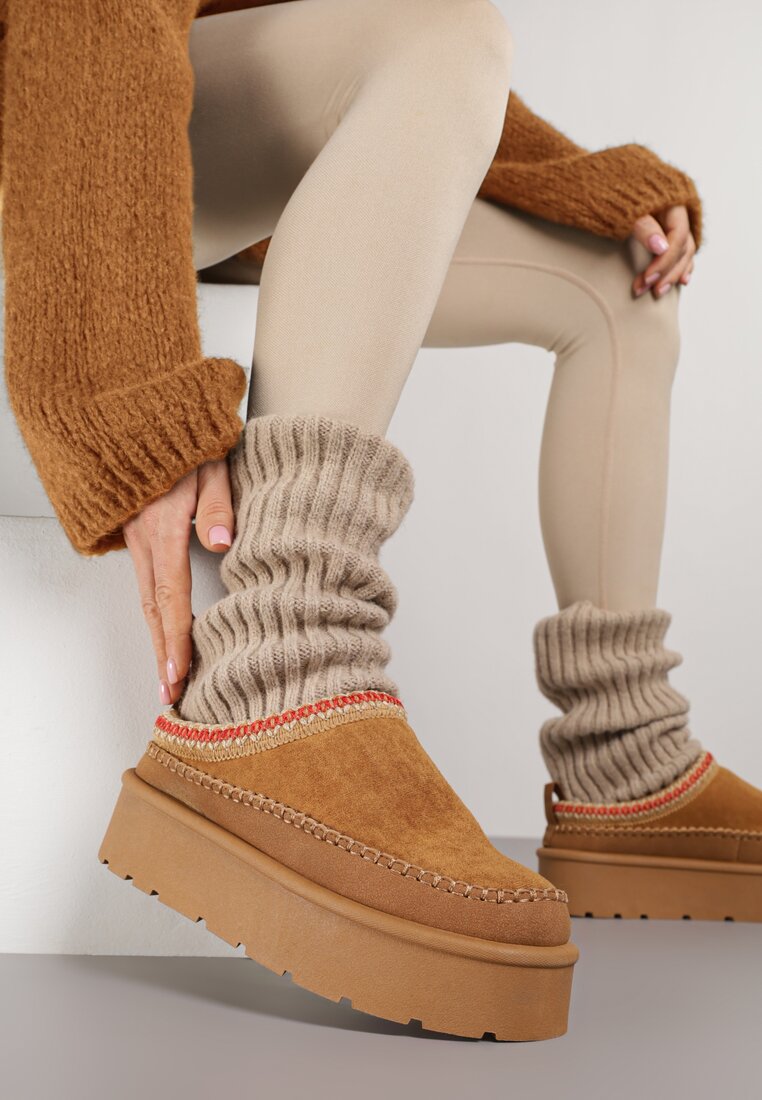 Cizme de zăpadă Maro deschis cu căptușeală de blană cu platformă Reiandea