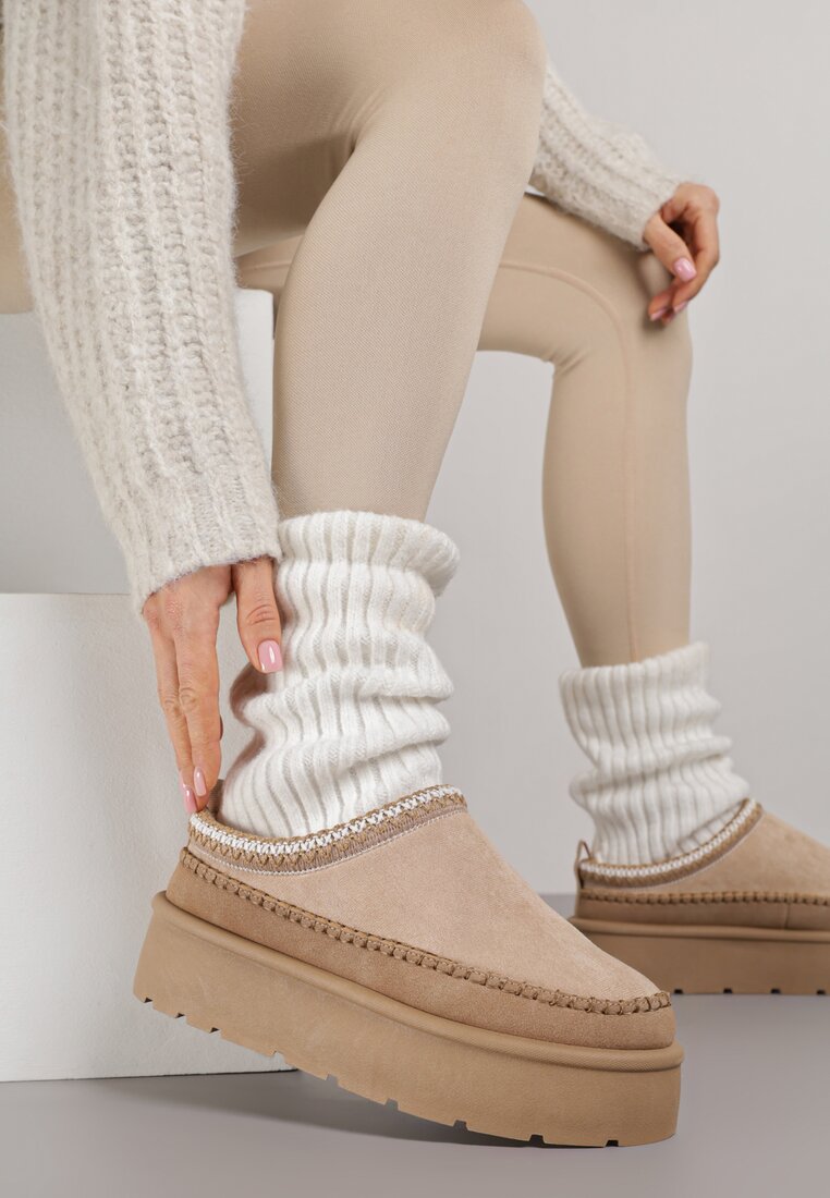 Cizme de zăpadă Bej închis cu Căptușeală de Blană pe Platformă Reiandea
