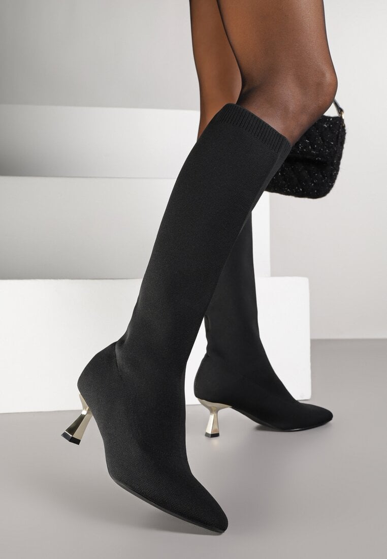 Cizme Negru-Auriu Vices cu toc tip Kaczuszka și tijă tip șosetă Asonelle