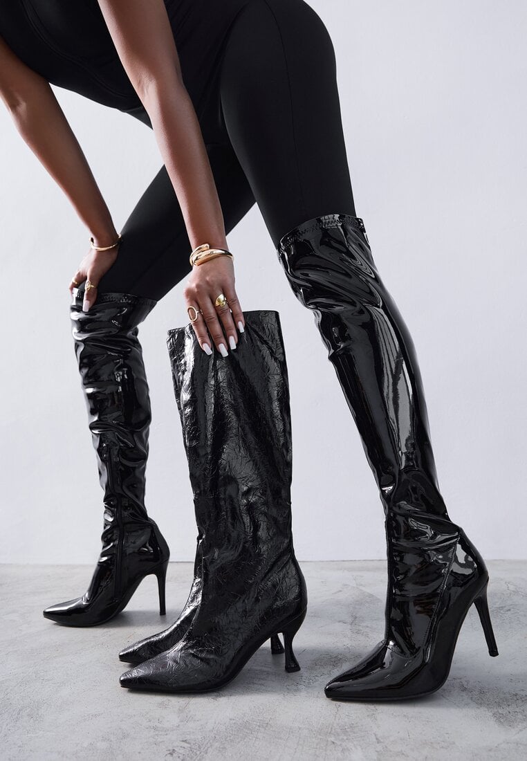 Cizme Negre Lăcuite Vices cu Toc Stiletto cu Gambă Încrețită Calavelie