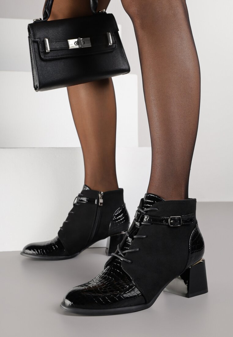 Botine Negre Vices Tip Ghete cu toc gros cu inserții lăcuite și cataramă Madvira