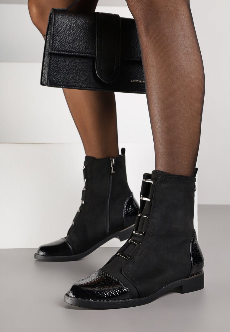 Botine Negre Vices decorate cu elemente lăcuite în relief tip crocodil Olema