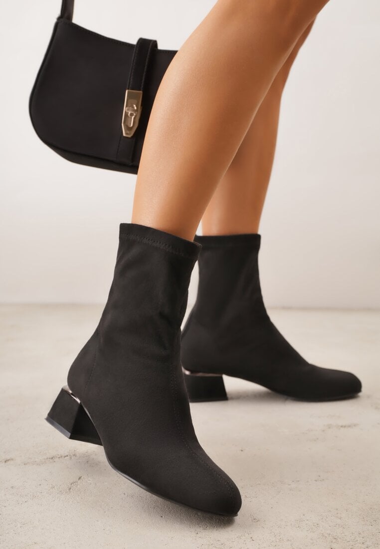 Botine Negre Elegante VICES Tip șosetă din imitație de piele întoarsă cu toc bloc cu ornament metalic nituit