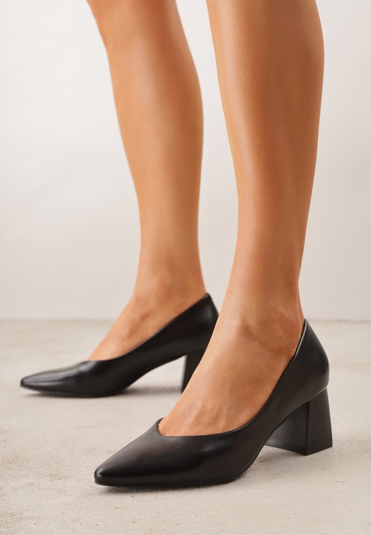 Pantoﬁ negri Vices Basic cu toc gros cu branț din piele Esande