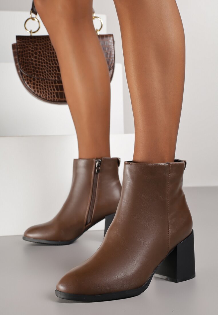 Botine Maro Elegante Vices cu Toc Gros cu Detaliu Rotund la Carâmb Widvire