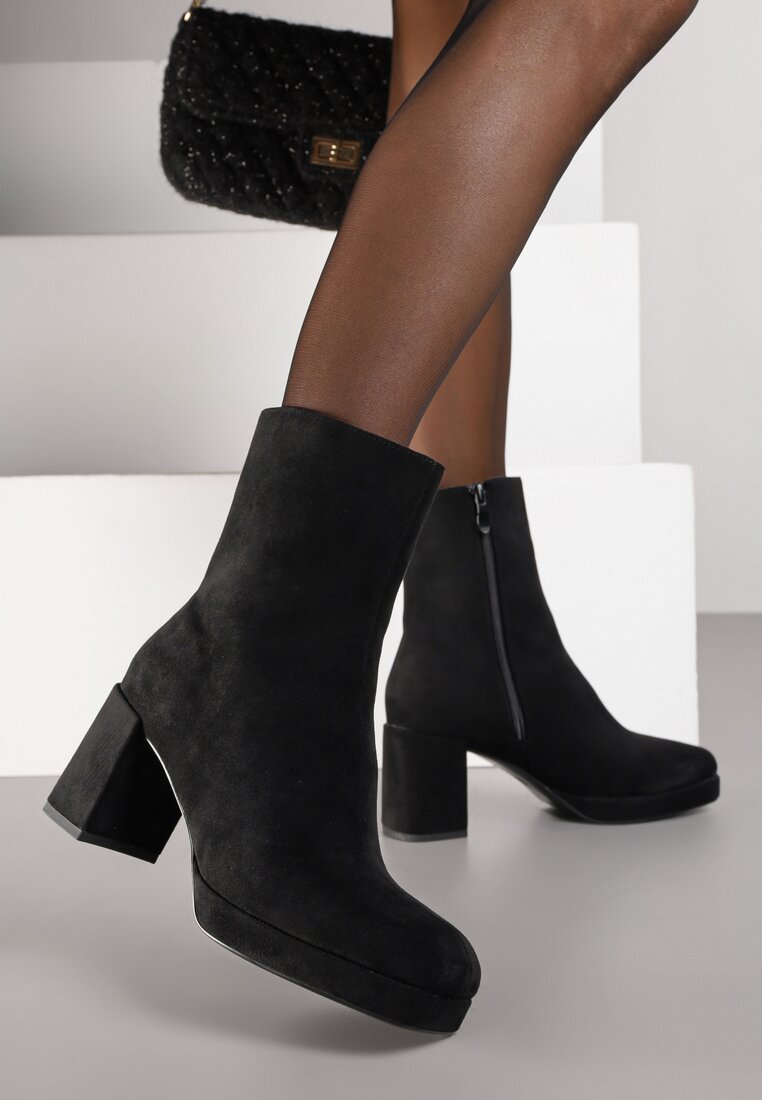 Ghete Negre Vices din imitație de piele întoarsă cu platformă și toc gros decorate cu vârf pătrat Faleanna