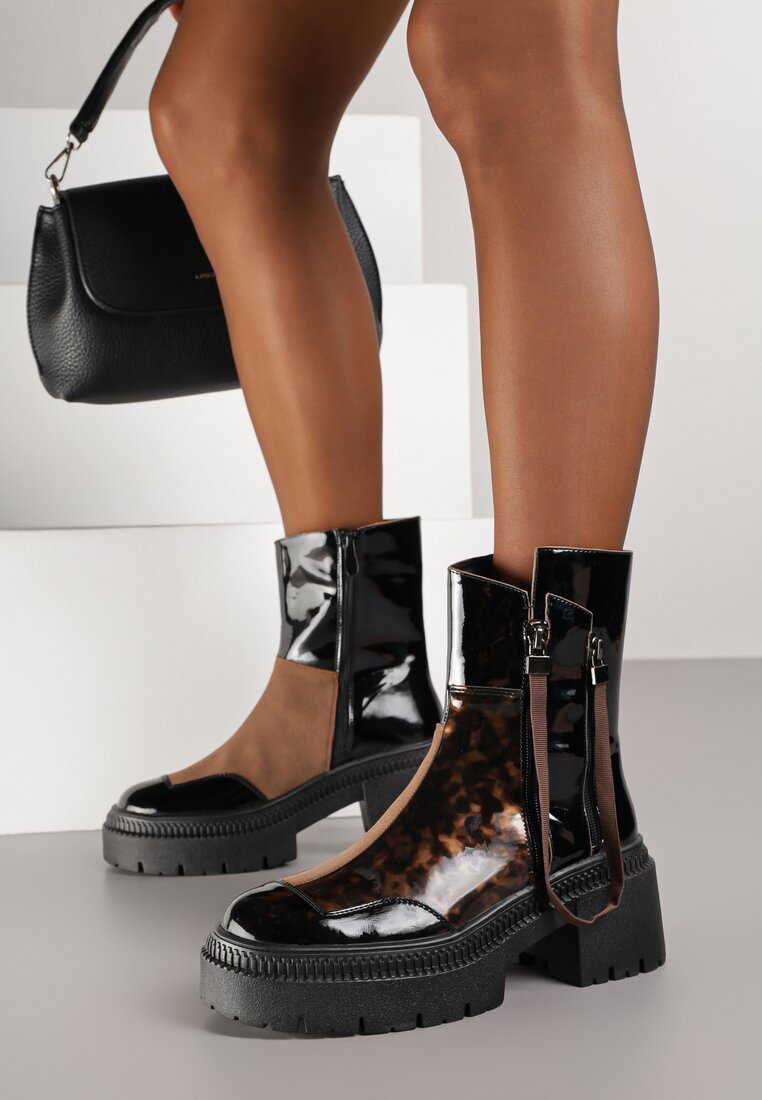 Botine Negru-Maro Lăcuite Vices decorate cu panglică Rotine