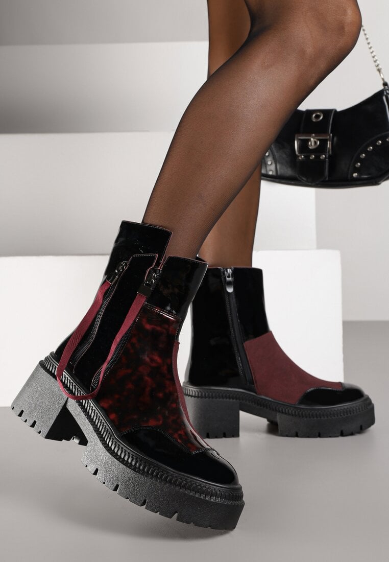 Botine Negru-Bordeaux Lăcuite Vices Decorate cu panglică Rotine