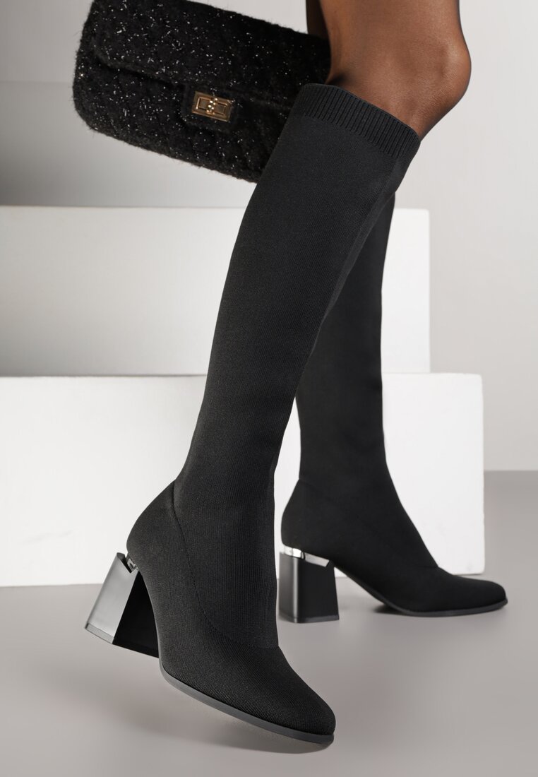 Cizme Elegante Negre VICES cu carâmb tip șosetă pe toc gros cu aplicație Raleana