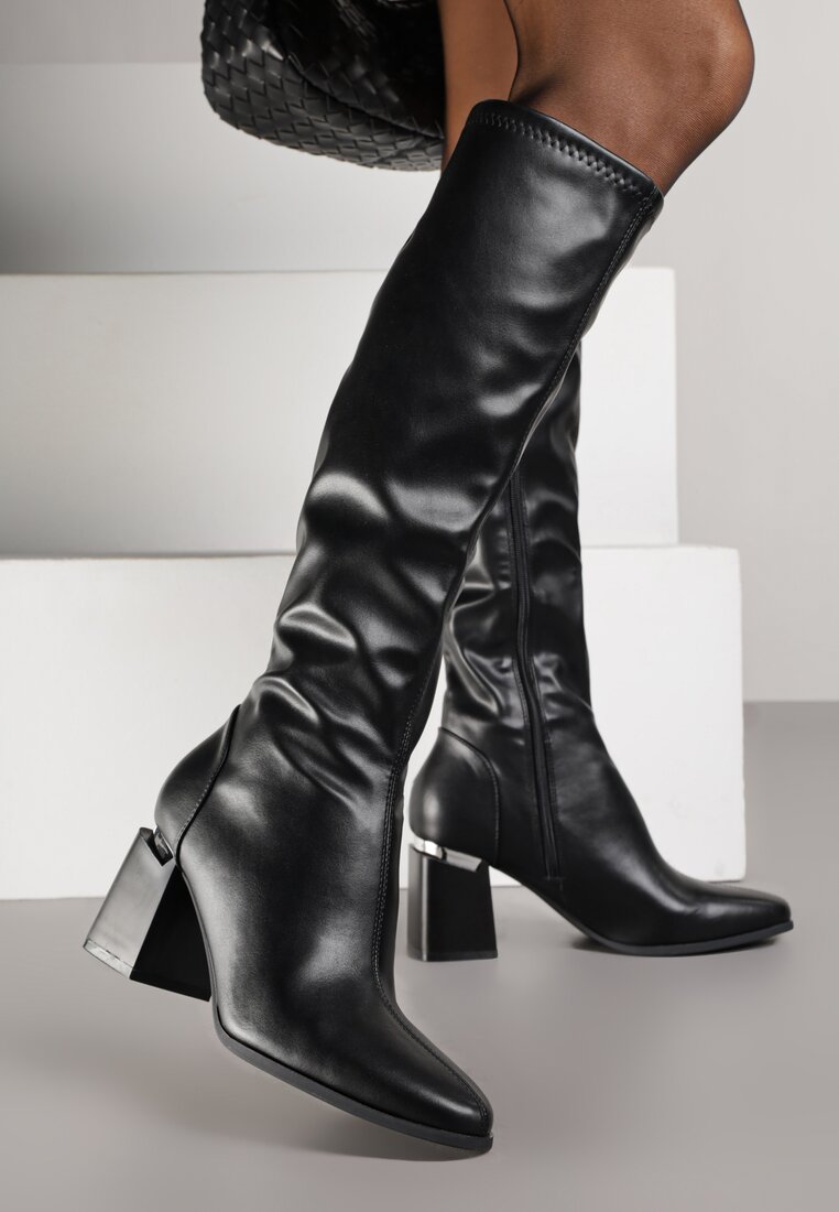 Cizme Negre Clasice VICES pe Toc Gros cu Aplicație Metalică Rannora
