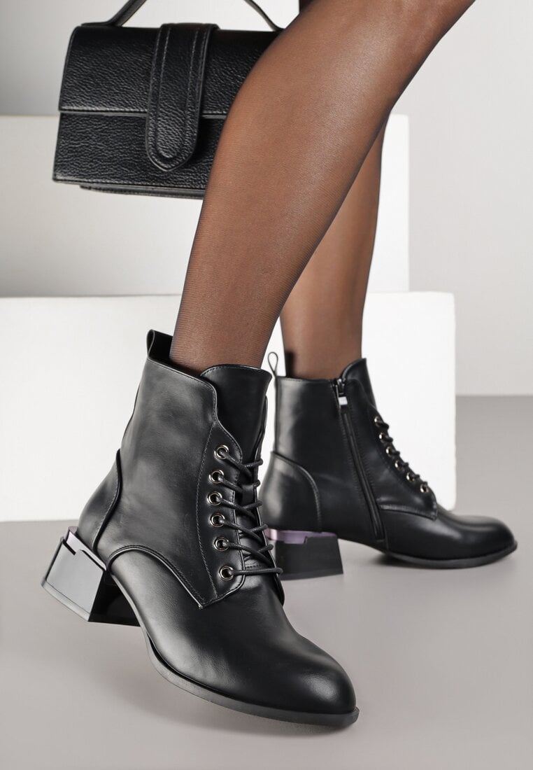 Ghete negre Vices pe toc bloc cu ornament și carâmb șiretuit Falmirea