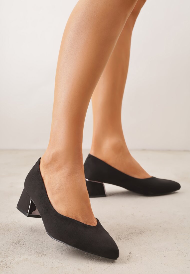 Pantofi eleganți negri Vices cu toc bloc din imitație de piele întoarsă cu branț din piele naturală cu ornament metalic Mixin