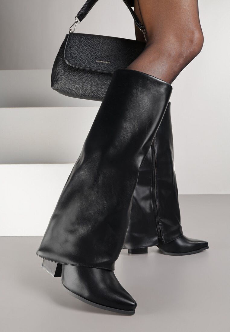 Cizme Cowboy Negre cu Toc Conic Decorate cu Guler Răsfrânt Nalunisa