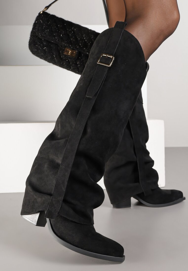 Cizme Negre pe Toc Conic Tip Cowboy Decorați cu Cataramă și cu Margine Răsfrântă Nalirella