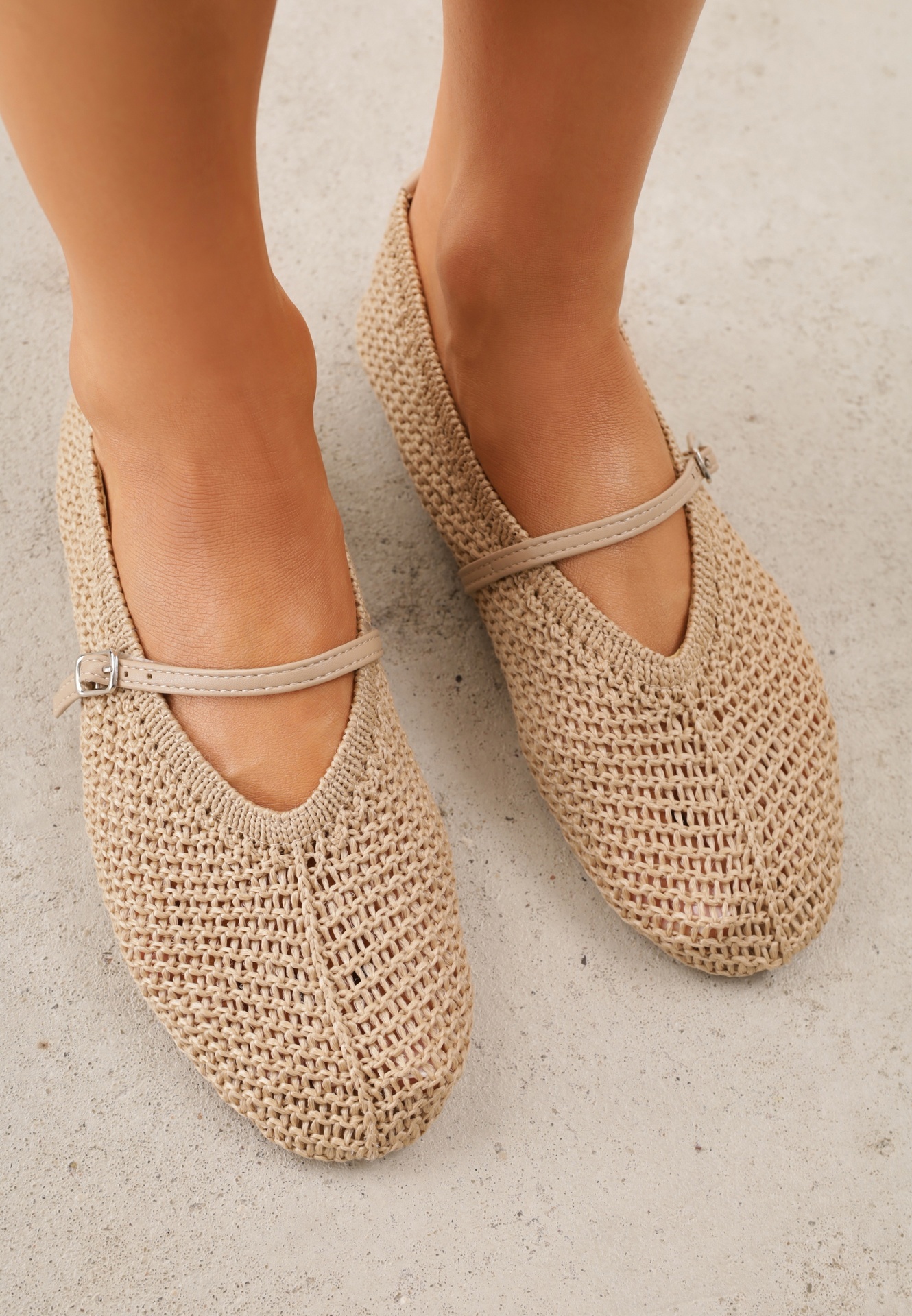 Balerini Bej închis VICES în stil Mary Jane cu partea superioară împletită Tawney