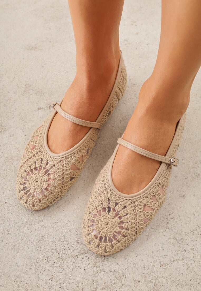 Balerini Bej închis Boho VICES în stil Mary Jane cu partea superioară ajurată Lainia