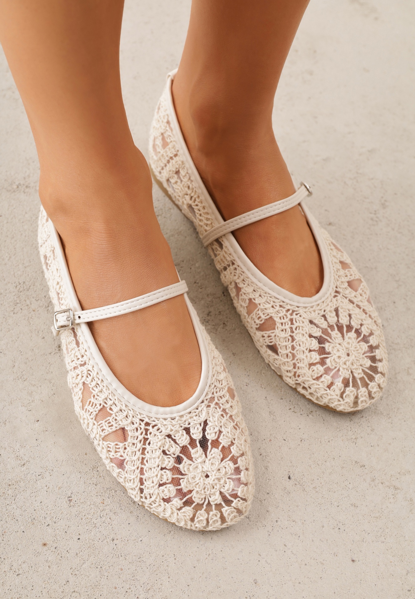 Balerini Bej Boho VICES în stil Mary Jane cu parte superioară ajurată Lainia