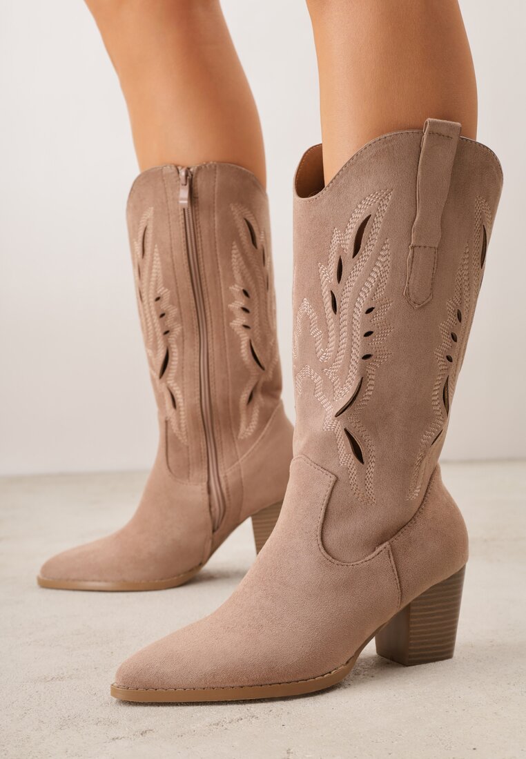 Botine bej închis ajurate cowboy VICES cu toc bloc Falenatea