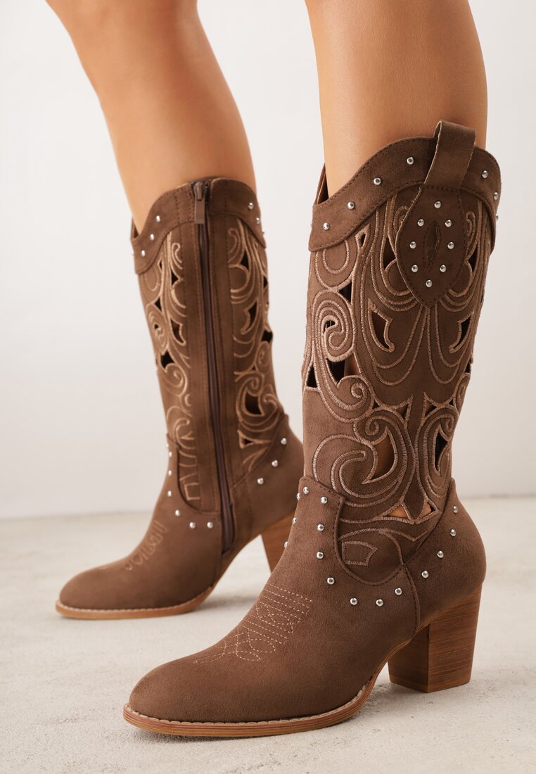 Botine Cowboy Perforate Maro VICES cu Toc Conic cu Aplicații de Nituri Sennatea