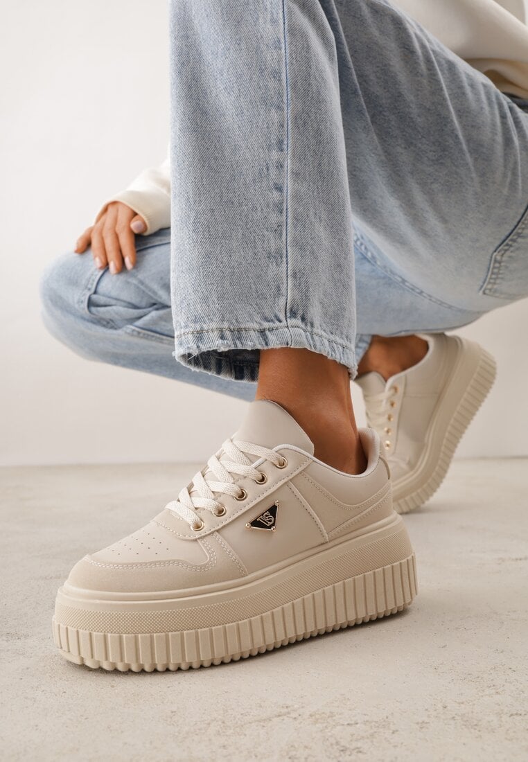 Chunky Sneakersy bej cu aplicație triunghiulară VICES pe platformă Cezaline