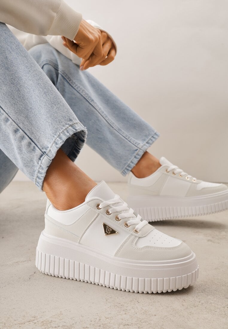 Chunky Sneakers Albi cu aplicație triunghiulară VICES pe platformă Cezaline
